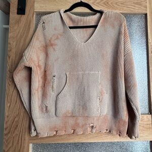 Stylish Distressed V-Neck Sweater in Beige
